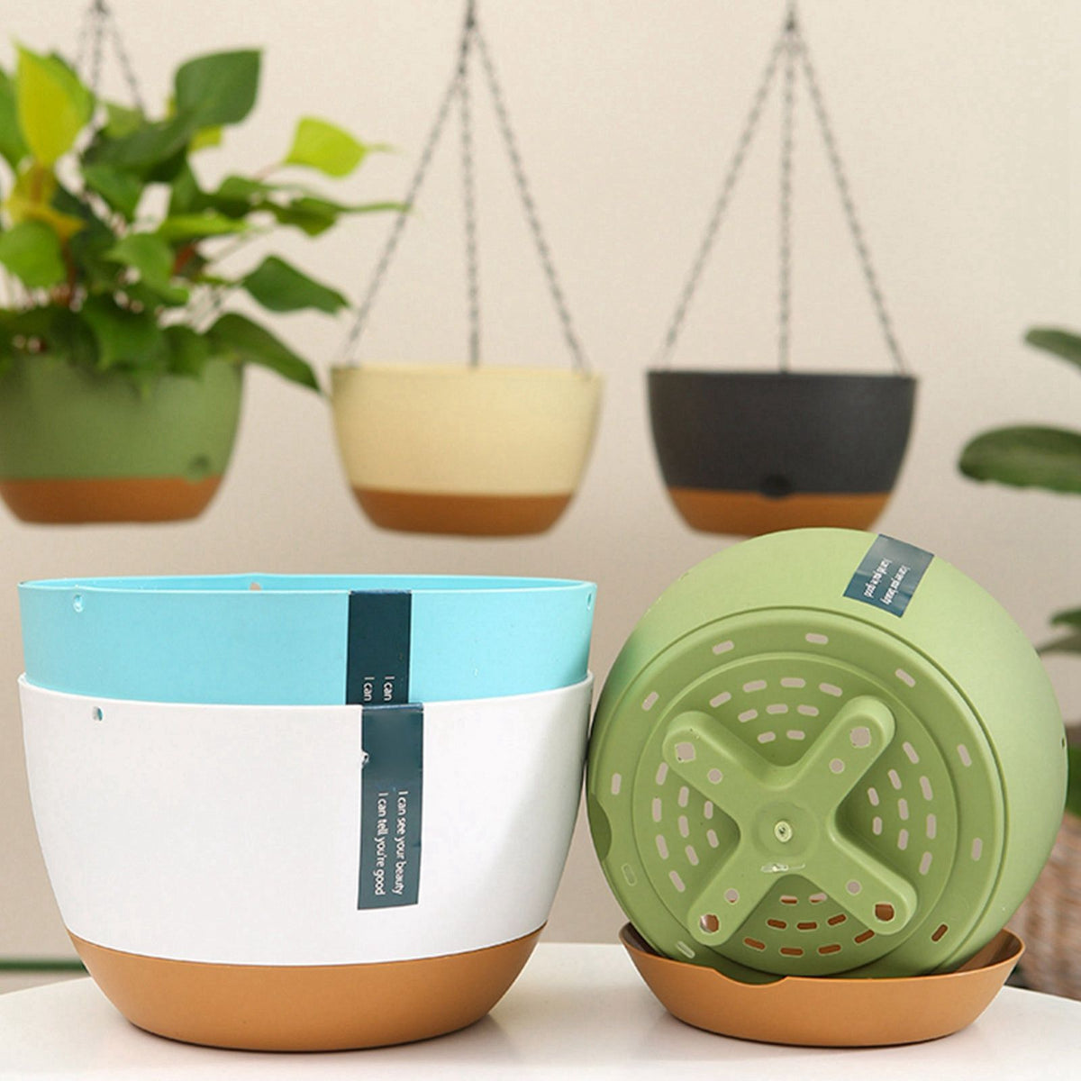 Hanging Double Chain Hanging Basket Planter Home Balcony Indoor Automatic Water Absorbing Basin