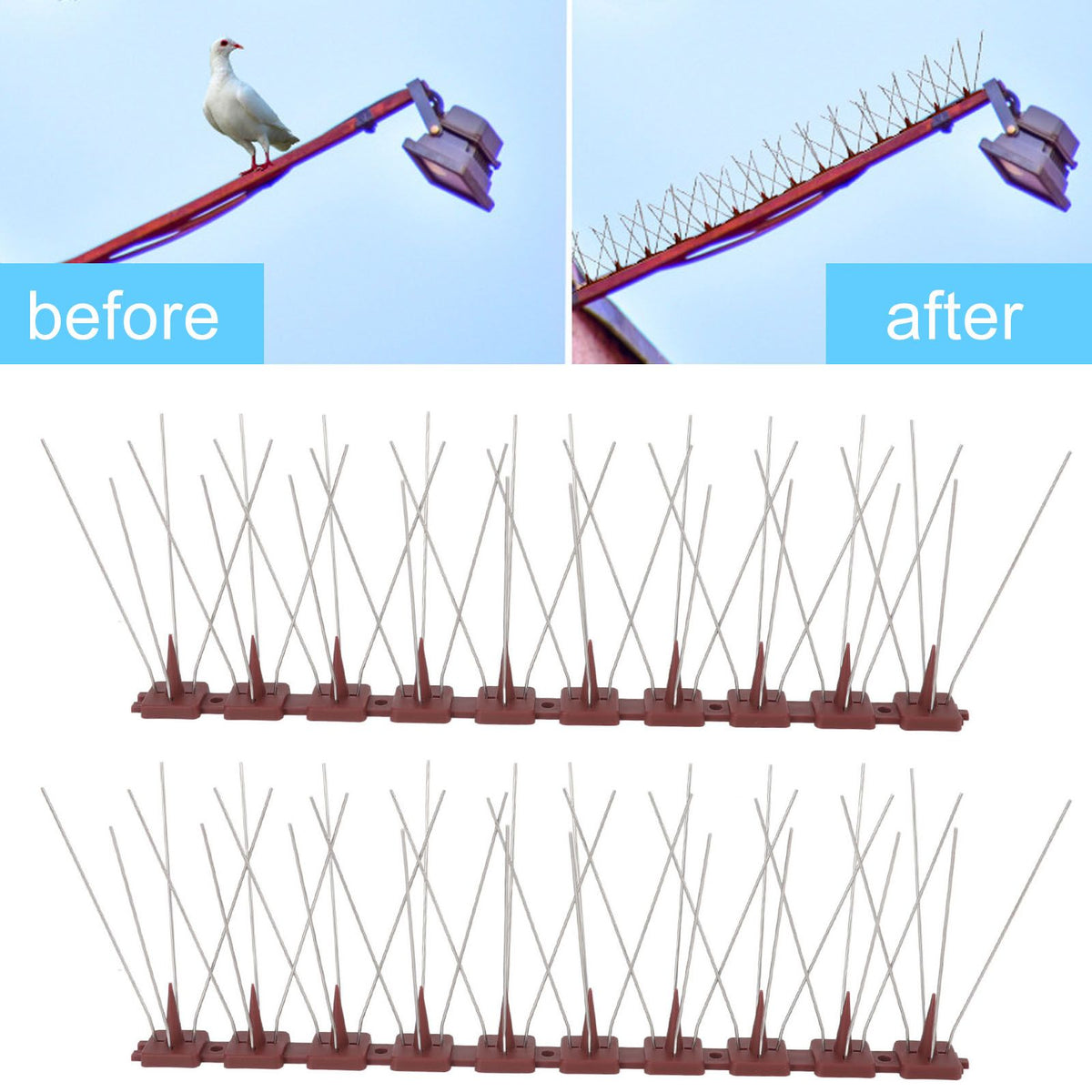 Bird Spikes 15 Feet Stainless Steel Pigeon Deterrent Spikes for Fence Roof Mailbox Window SK430 (2+2)