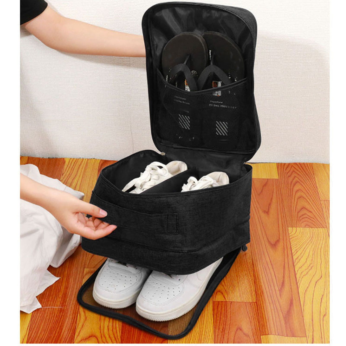 3 Layers Travel Shoe Bag Holds 3 Pair of Shoes Waterproof Portable Shoe Storage Bag for Travel Camping Daily Use Black