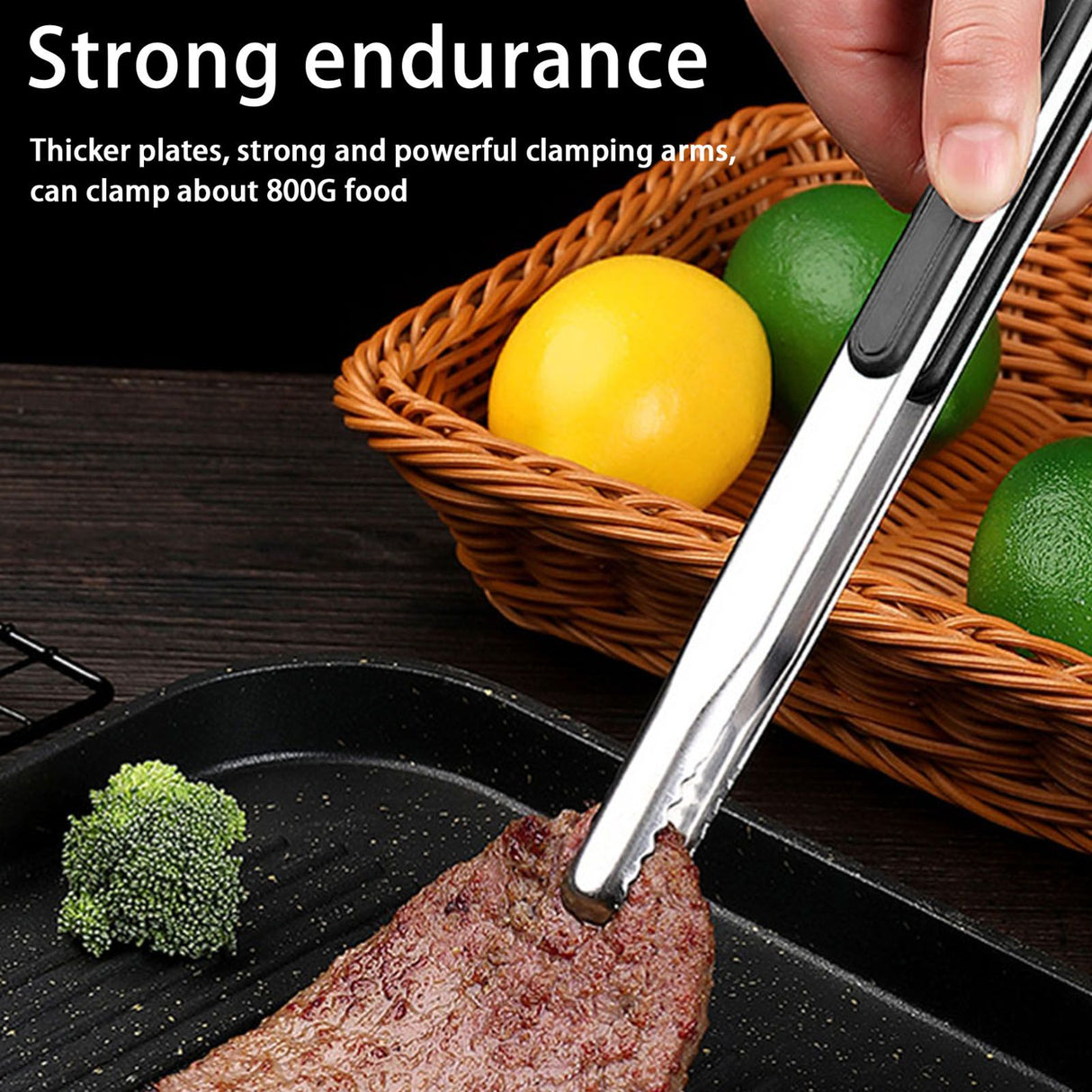 Kitchen Cooking Tong Stainless Steel Easy to Clean Teeth Mouth Steak Clip for BBQ Food 25.5cm Black