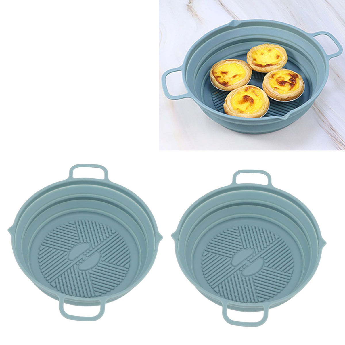 2pcs Fryer Silicone Liner Collapsible Food Grade Silicone Pot for Air Cooker Round Fryer Silicone Basket Blue