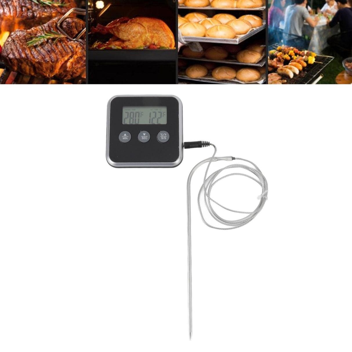 Food Grill Thermometer LCD Display Long Probe 2 Units Digital Meat Thermometer Timer for Kichen Industrial Grill