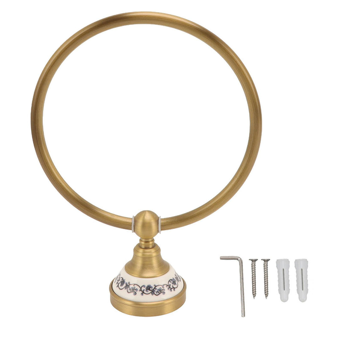 Towel Ring Antique Brass Finish Wall Mounted Bathroom Hand Towel Holder with Blue and White Porcelain Decal