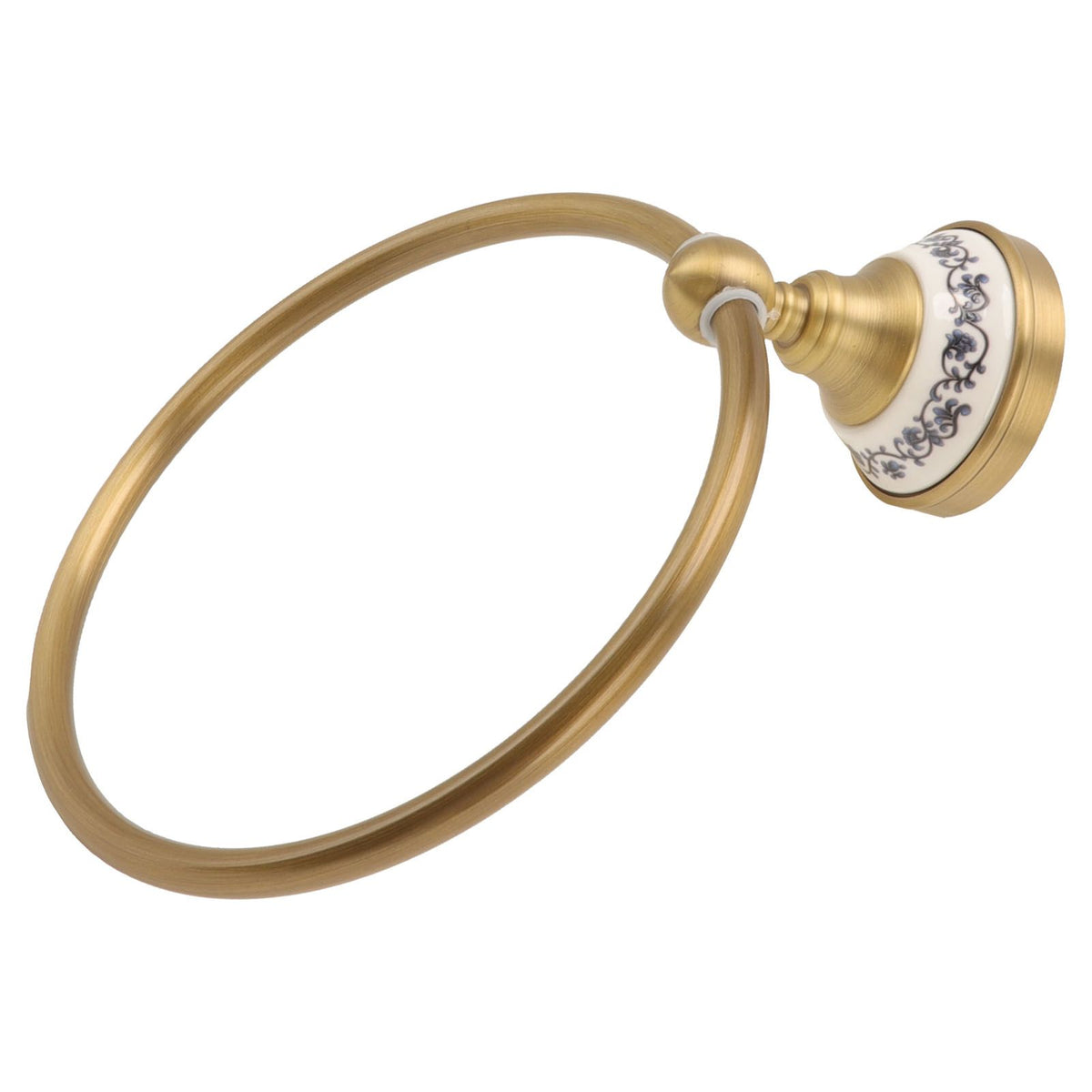 Towel Ring Antique Brass Finish Wall Mounted Bathroom Hand Towel Holder with Blue and White Porcelain Decal