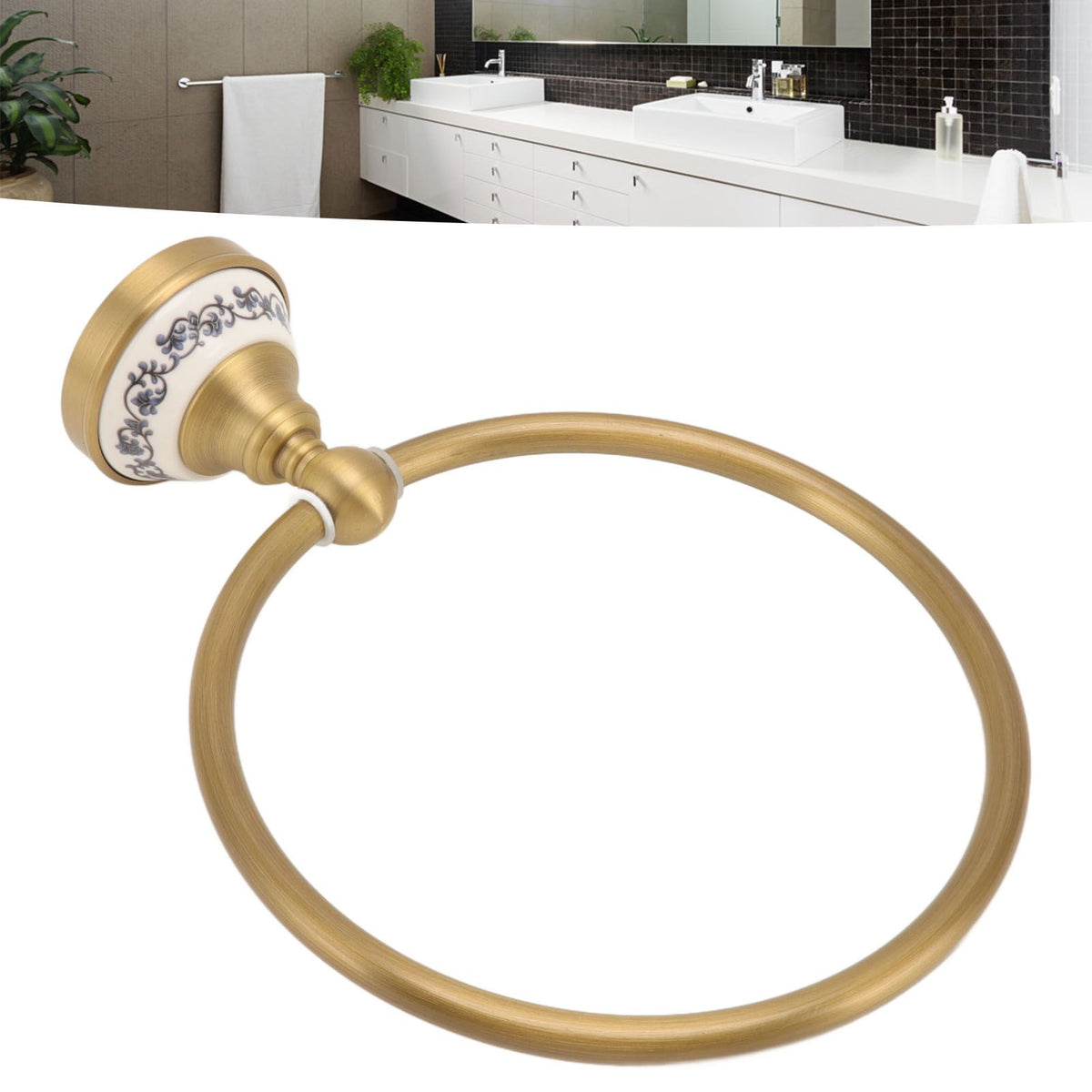 Towel Ring Antique Brass Finish Wall Mounted Bathroom Hand Towel Holder with Blue and White Porcelain Decal