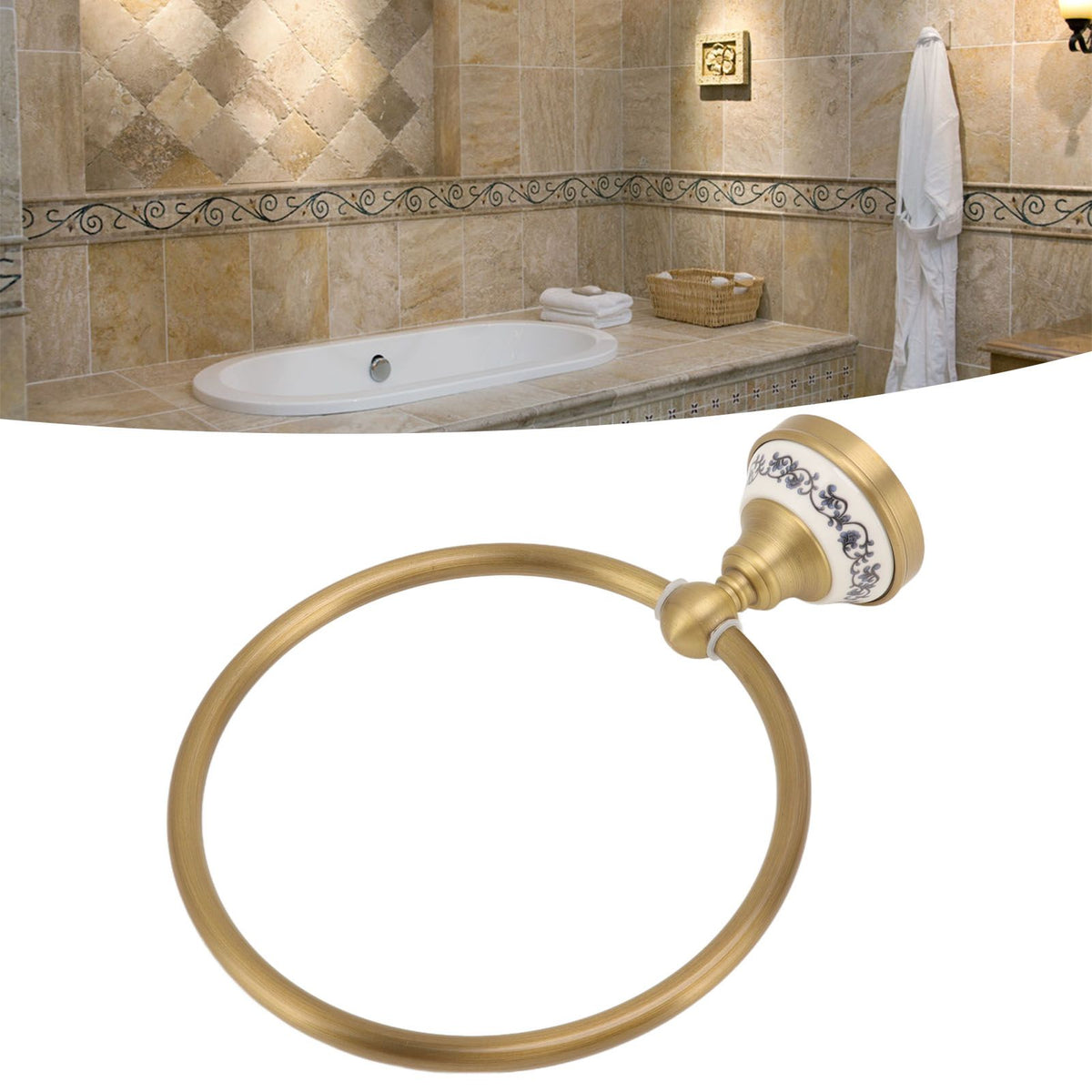Towel Ring Antique Brass Finish Wall Mounted Bathroom Hand Towel Holder with Blue and White Porcelain Decal