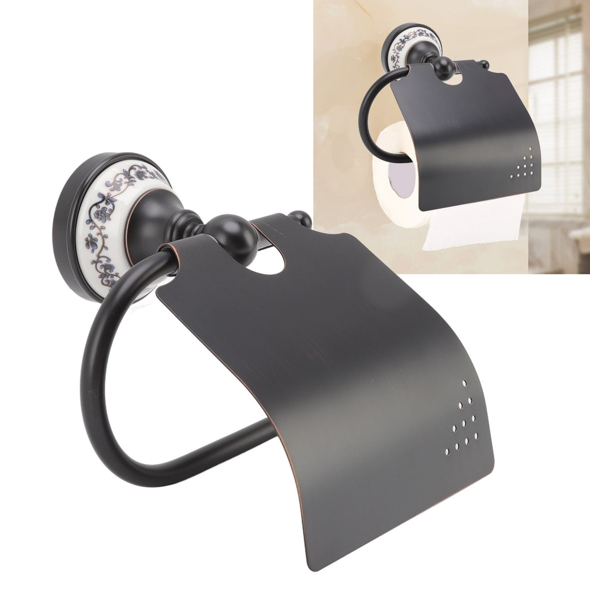 Paper Towel Dispenser Dark Bronze Blue and White Porcelain Wall Mounted Tissue Roll Holder for Bathroom Kitchen