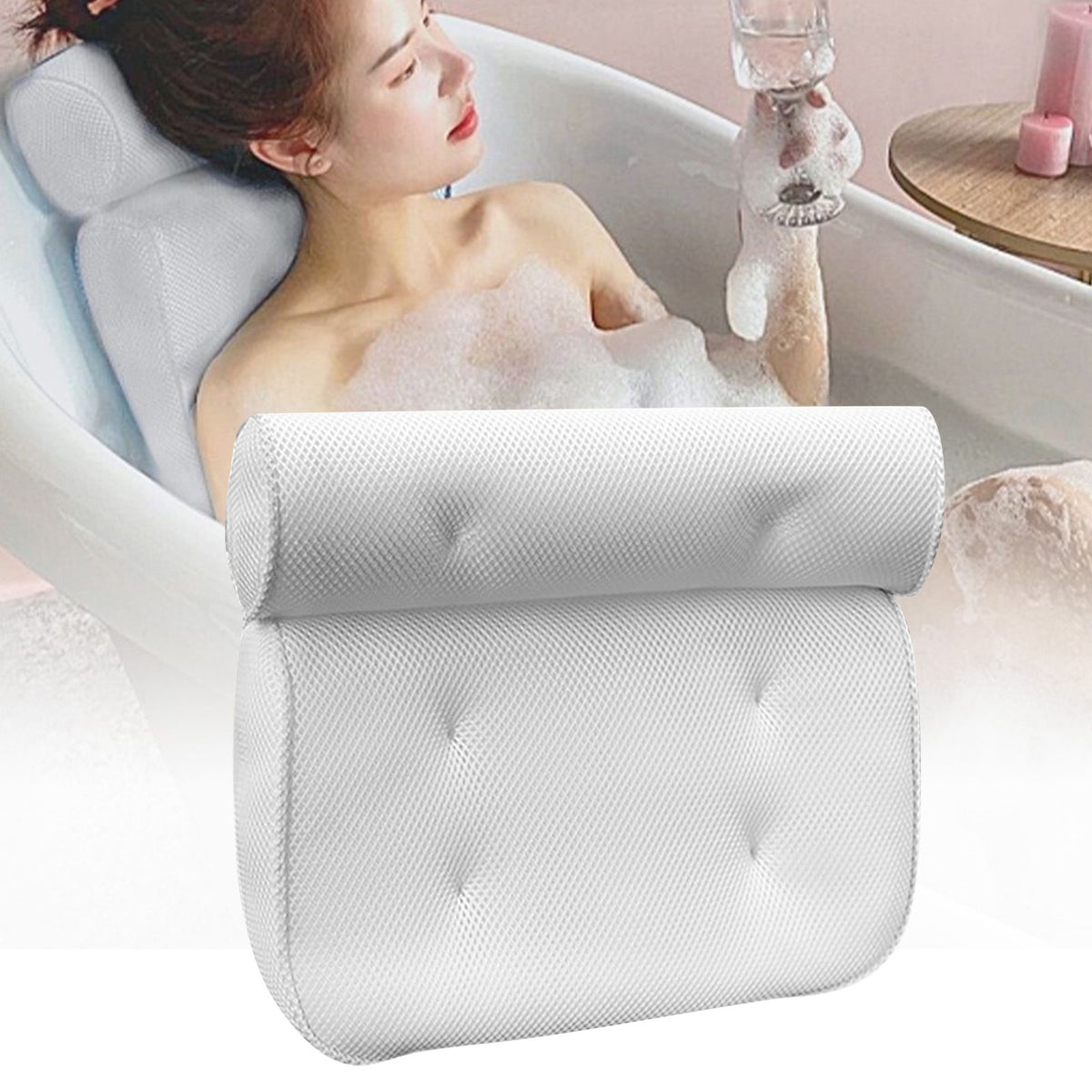 Bath Pillow 3D Mesh Fabric Soft Bathtub Pillow with Suction Cups Spa Bathtub Cushion for Back Neck Support Rest White
