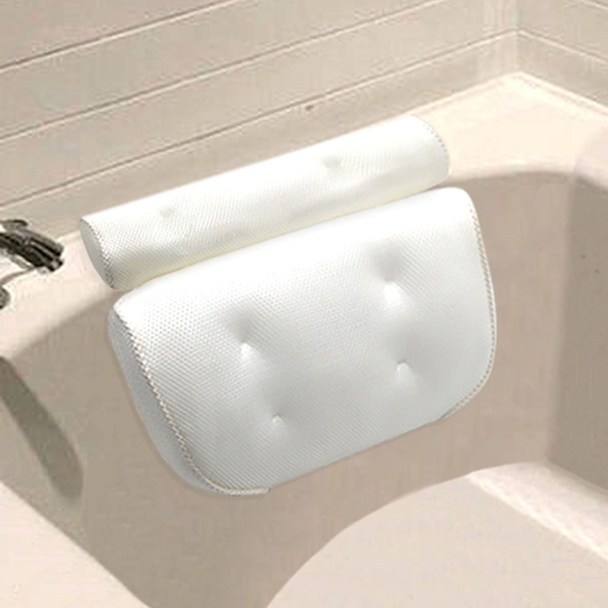 Bath Pillow 3D Mesh Fabric Soft Bathtub Pillow with Suction Cups Spa Bathtub Cushion for Back Neck Support Rest White