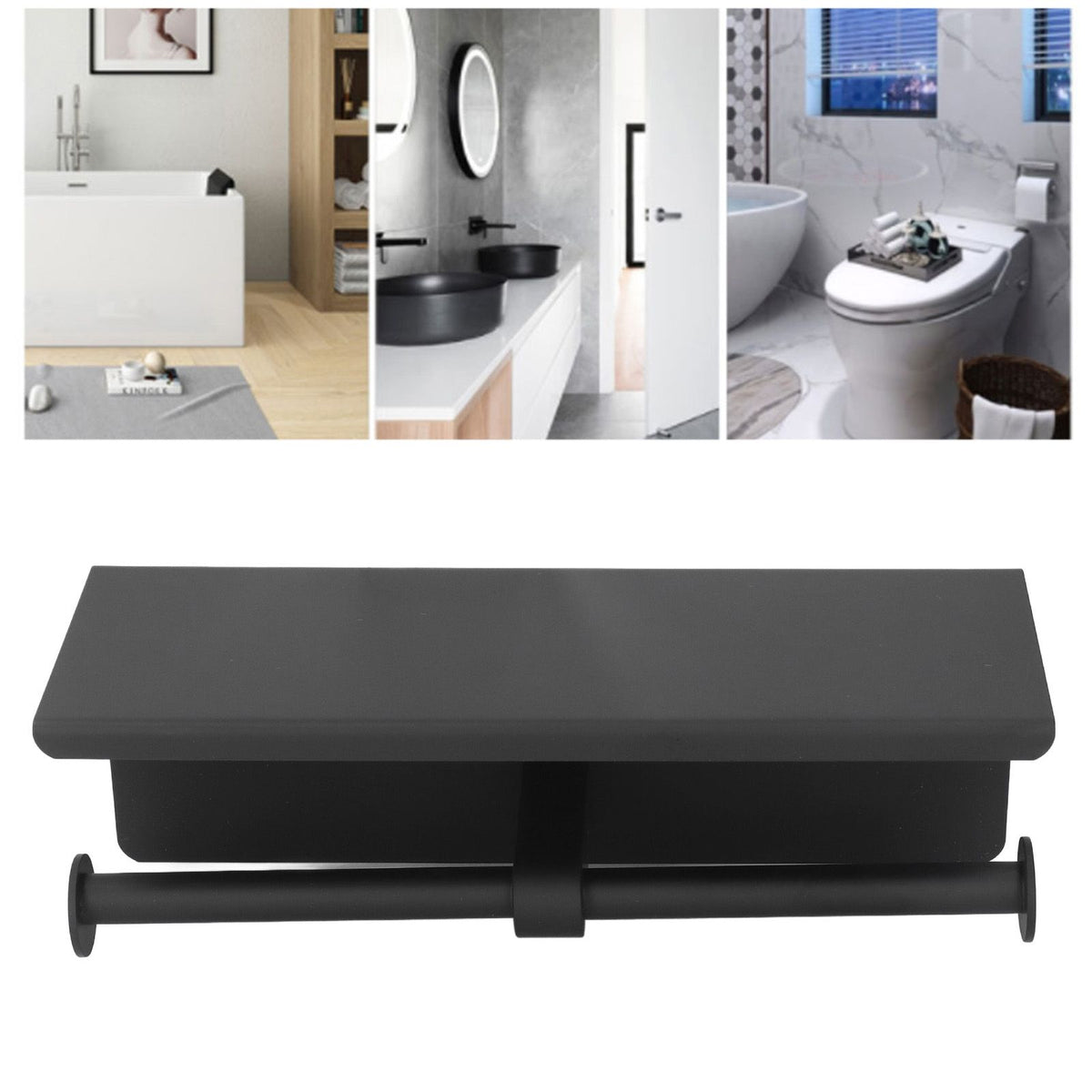 Stainless Steel Toilet Paper Holder with Shelf Self Adhesive Punch Free Toilet Paper Shelf Roll Holder for Bathroom K10 Black