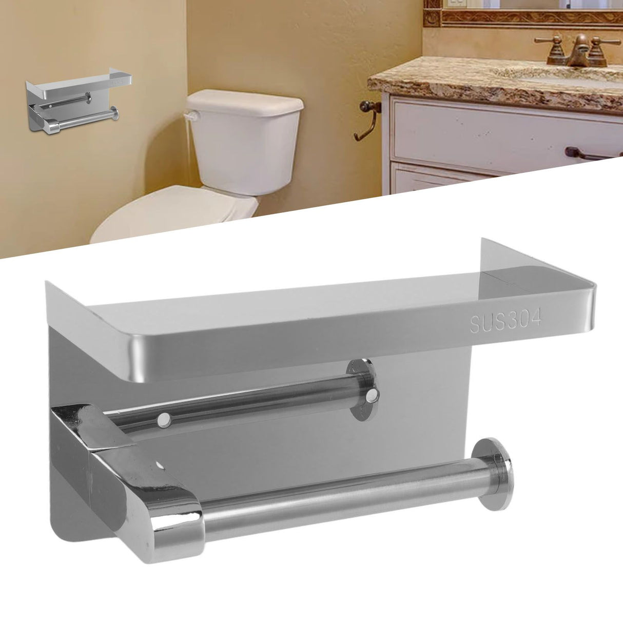 Toilet Paper Holder with Shelf Stainless Steel Minimalist Style Wall Mounted Waterproof Toilet Paper Roll Holder for Bathroom k9 Hem 304