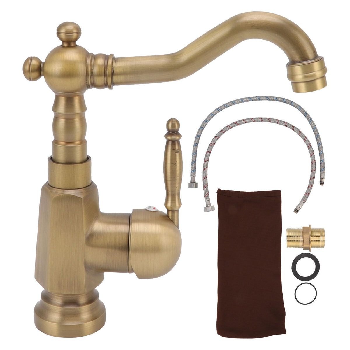 Bathroom Sink Faucet Antique Brass Vanity Mixer Faucet Tap Heightening Single Handle Wash Basin Tap with Hoses for Home