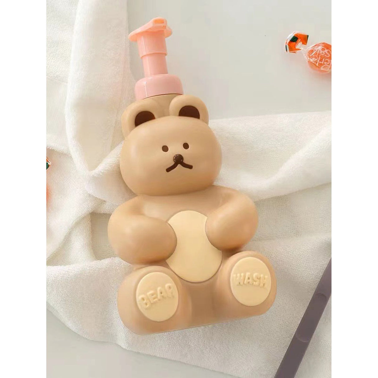 Foam Pump Bottle Cute Bear Shape Large Capacity Foaming Soap Dispenser Bottle for Facial Wash Body Wash Hand Soap Milk Tea Color