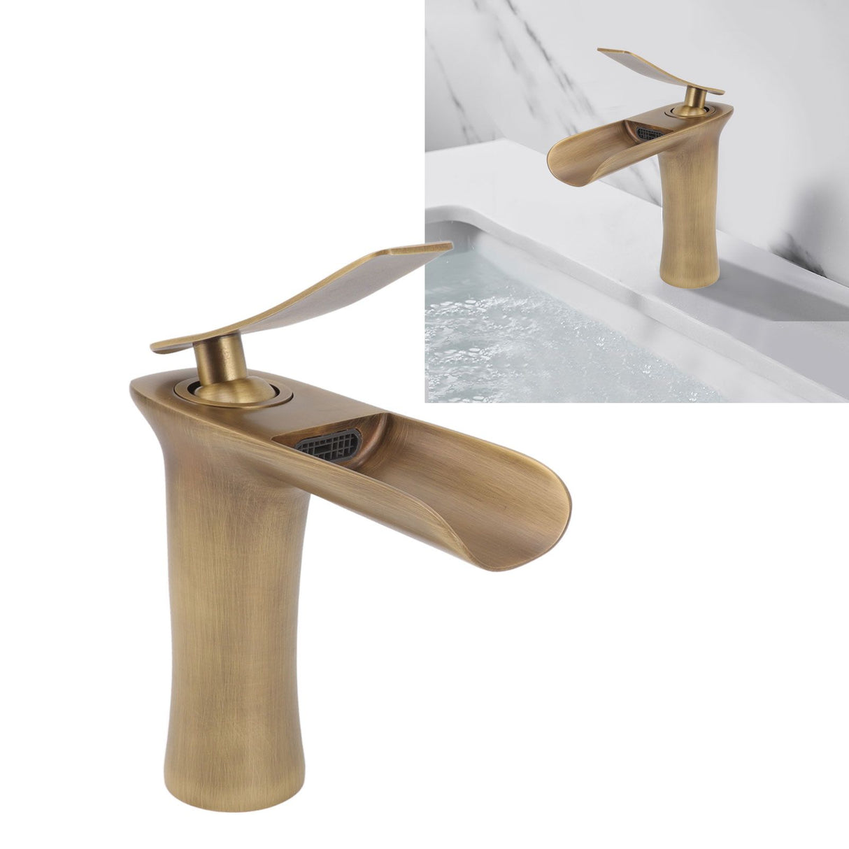 Bathroom Sink Faucet Antique Single Span Brass Waterfall Under Counter Basin Mixer Tap for Cold and Hot Water
