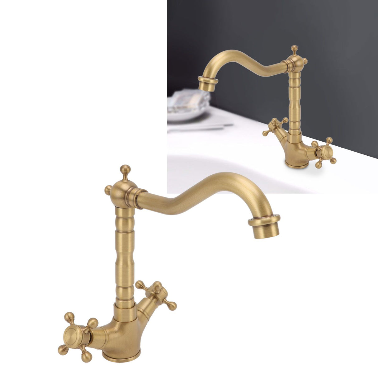 European Antique Brass Bathroom Faucet Double Handle Cross Knob Kitchen Faucet Hot Cold Water Tap