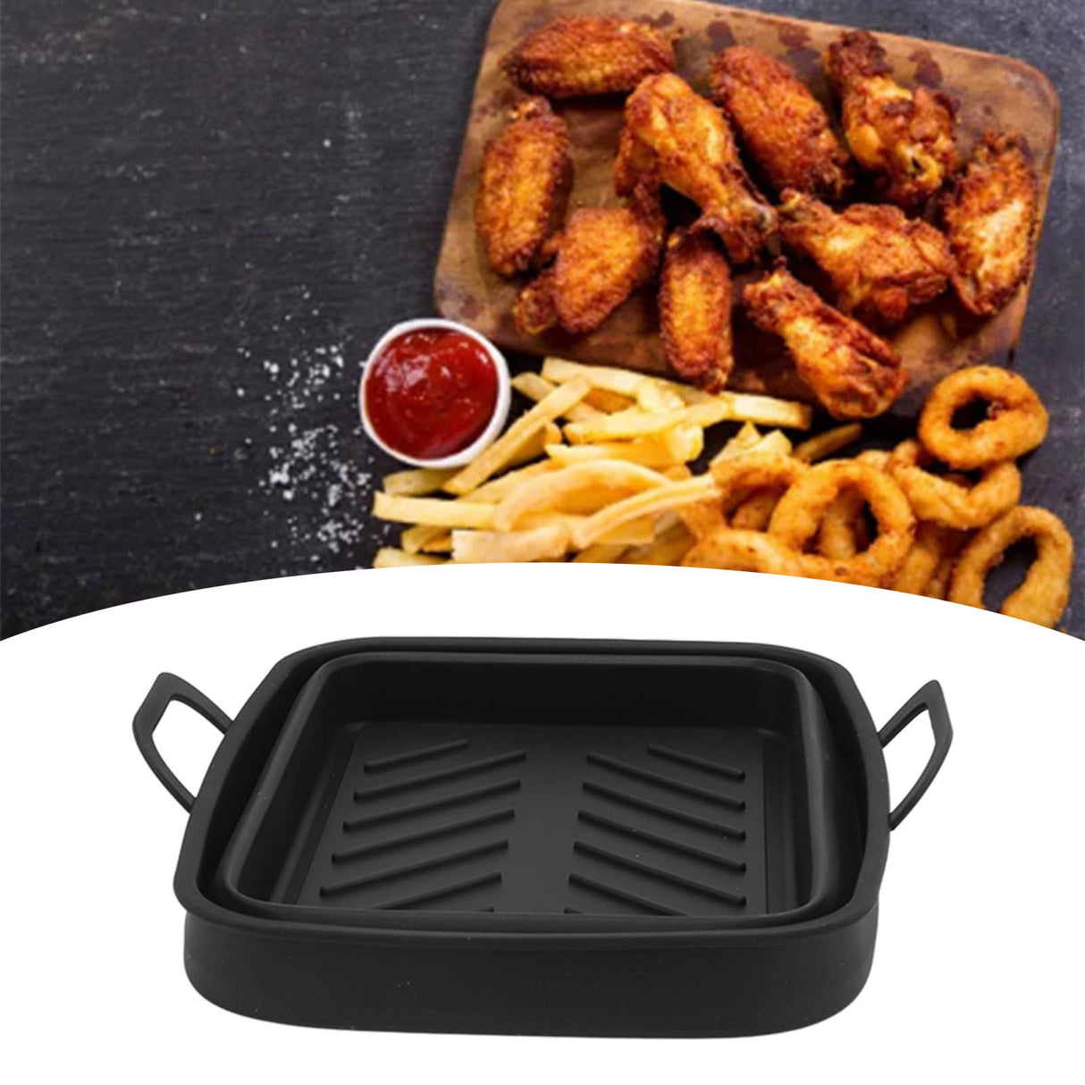 2 Pcs Silicone Air Cooker Pot with Handle Rectangular Fryer Liner Tray Replacement for Kitchen Cooking Accessories Black