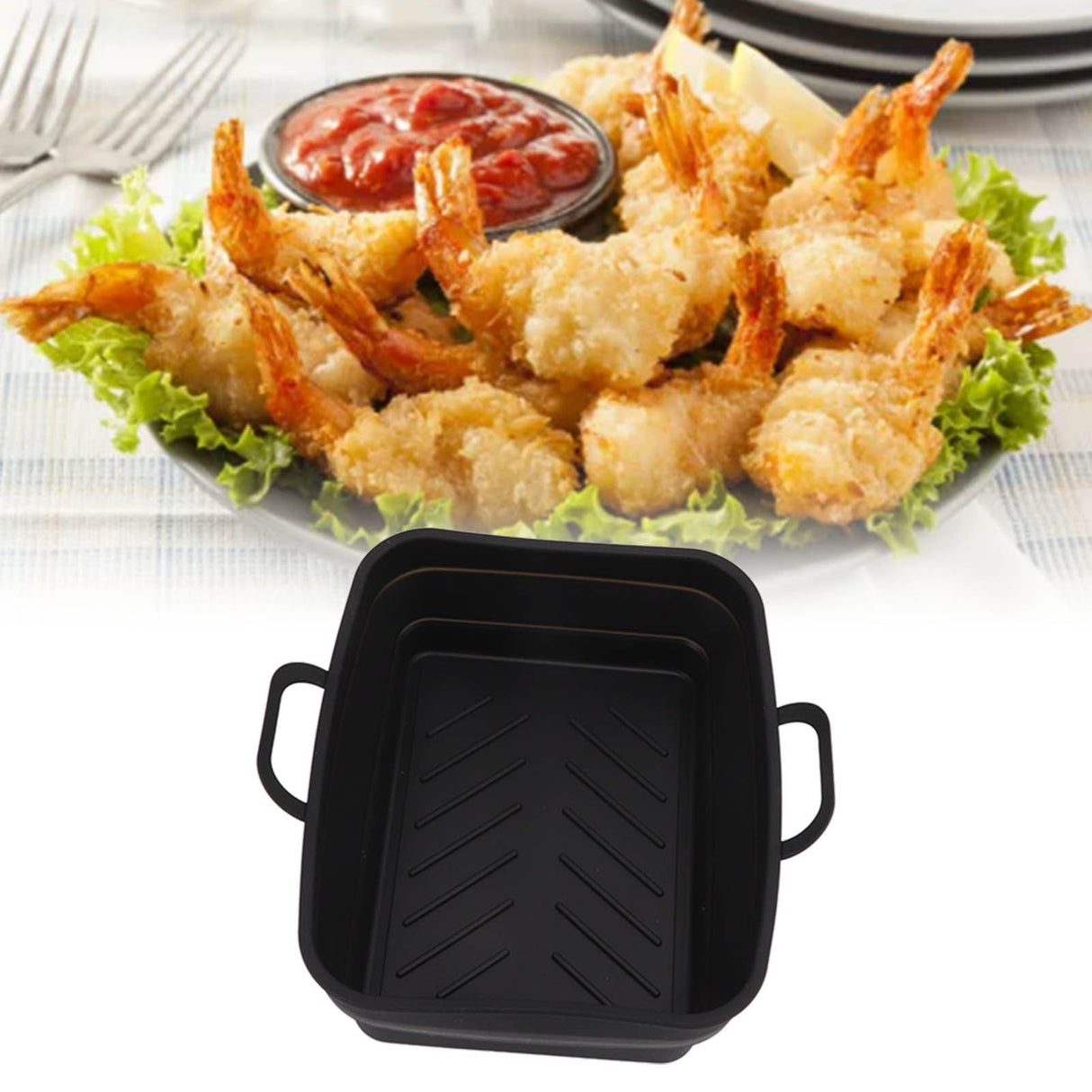 2 Pcs Silicone Air Cooker Pot with Handle Rectangular Fryer Liner Tray Replacement for Kitchen Cooking Accessories Black