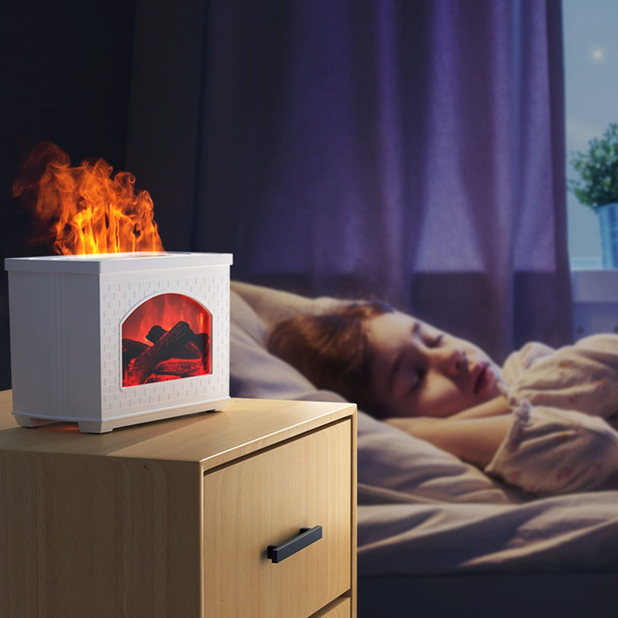 270ml Mist Humidifier Simulated Fireplace Design Power Off Protection Fire Diffuser for Home White