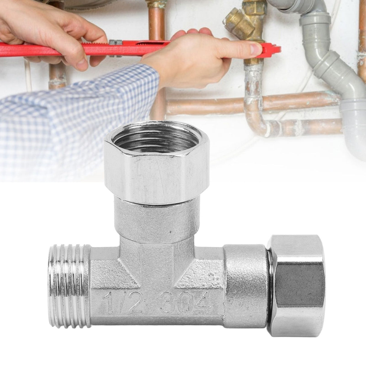 Pipe Fitting 3 Way Tee 304 Stainless Steel Hose Connector Pipeline Adapter G1/2 for Water Air 2 Female Thread Joint and 1 Male Thread Joint