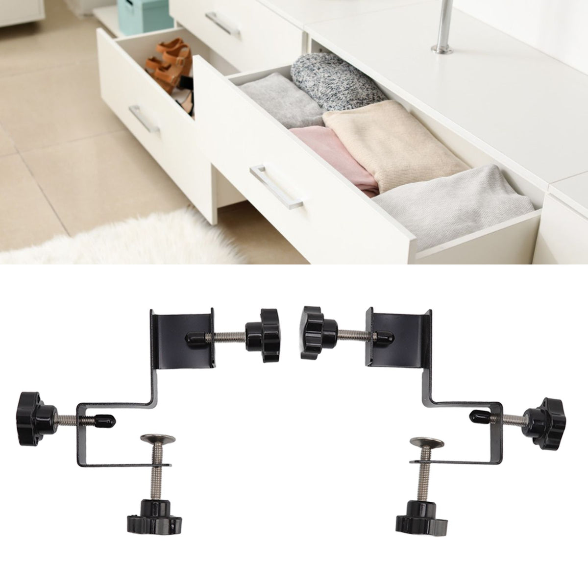 2 PCS Cabinet Drawer Installation Clamps Left Right Side Drawer Jig Rocker Arm Cabinet Front Drawer Woodworking Clamps Black