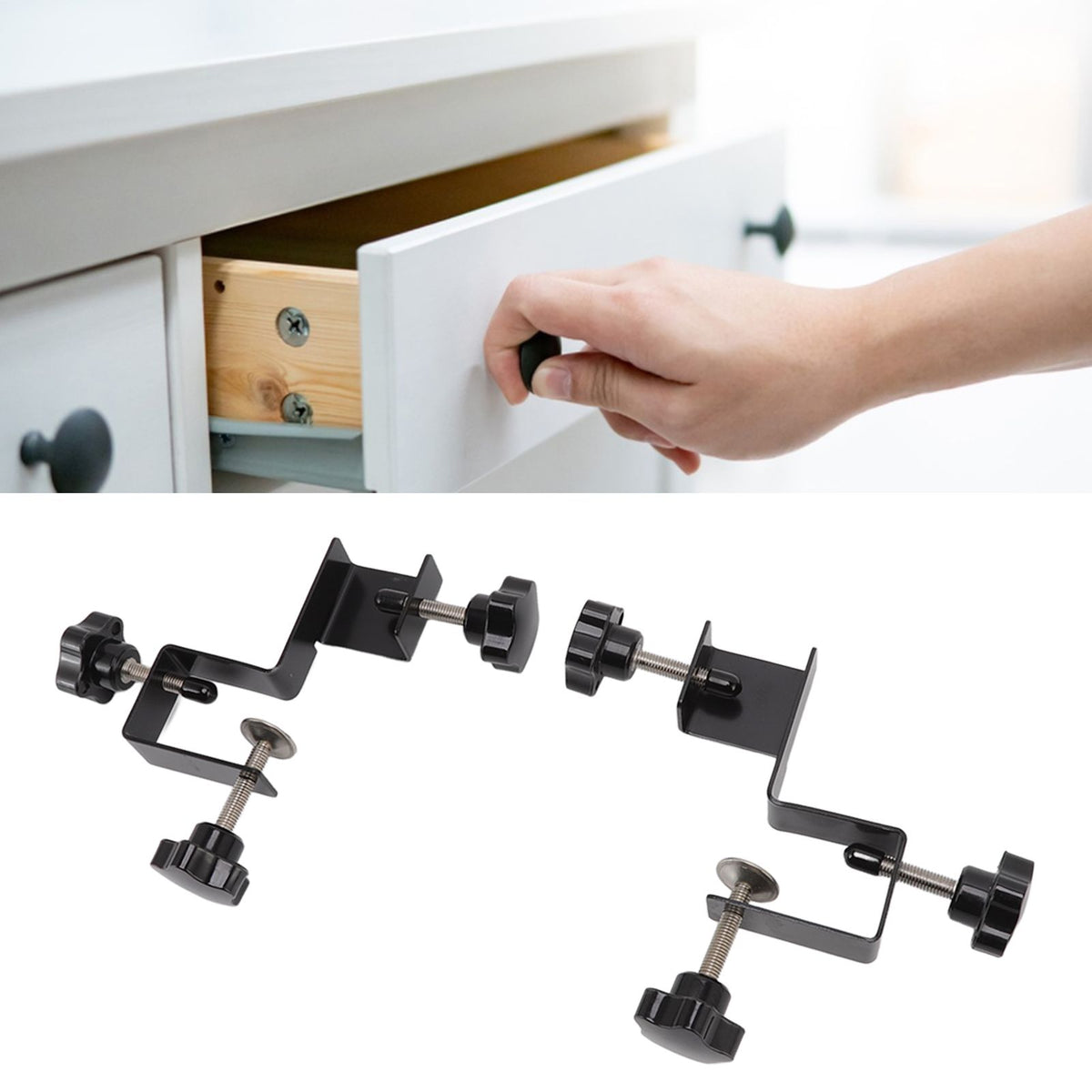2 PCS Cabinet Drawer Installation Clamps Left Right Side Drawer Jig Rocker Arm Cabinet Front Drawer Woodworking Clamps Black