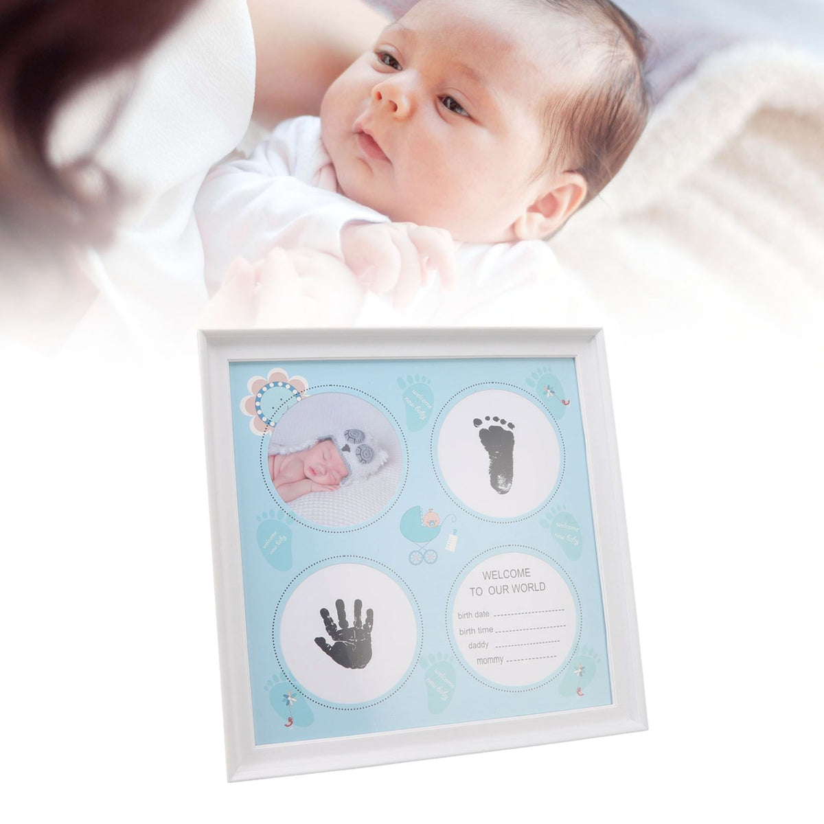 Baby Handprint Footprint Kit for Newborn Boys Girls Wear Resistant Plastic Density Board Baby Print Frame Kit for Display Blue