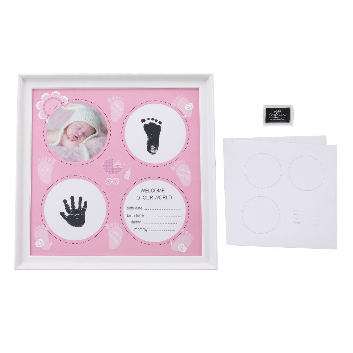 Baby Handprint Footprint Kit for Newborn Boys Girls Wear Resistant Plastic Density Board Baby Print Frame Kit for Display Pink