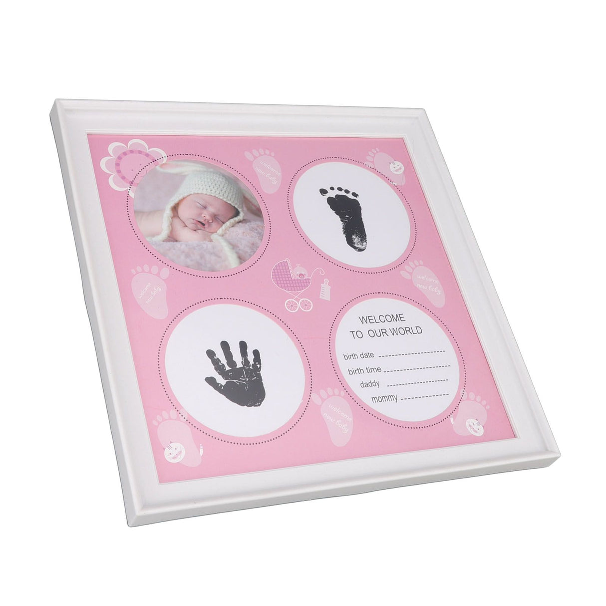 Baby Handprint Footprint Kit for Newborn Boys Girls Wear Resistant Plastic Density Board Baby Print Frame Kit for Display Pink