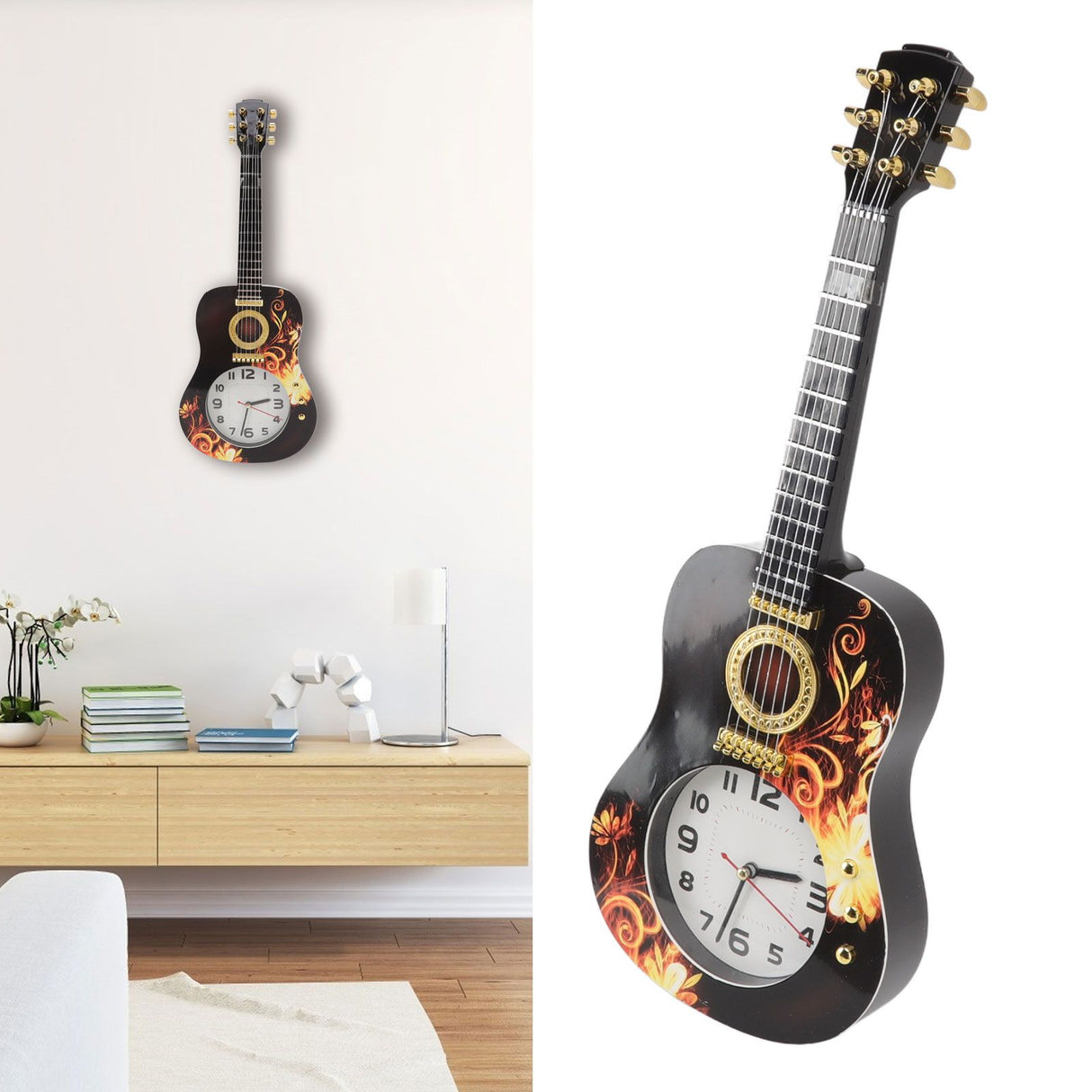 Wall Clock Silent Simulation Ukulele Shaped Decorative Alarm Clock for Bedroom Student Dormitory Office 5681 Ukulele (46x17.5x4.5cm / 18.1x6.9x1.8in)