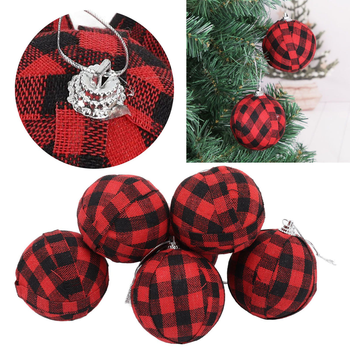 6Pcs 70mm 2.76 Inch Christmas Ornaments Balls Christmas Tree Decoration Balls New Year's Decor Red and Black Check
