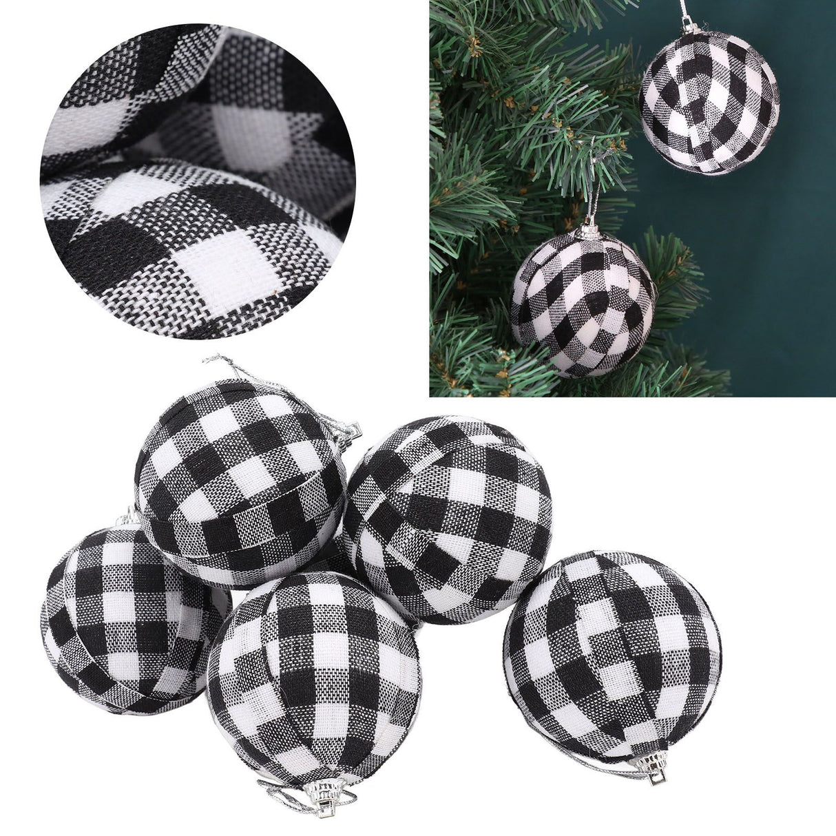 6Pcs 70mm 2.76 Inch Christmas Ornaments Balls Christmas Tree Decoration Balls New Year's Decor Black and White Check