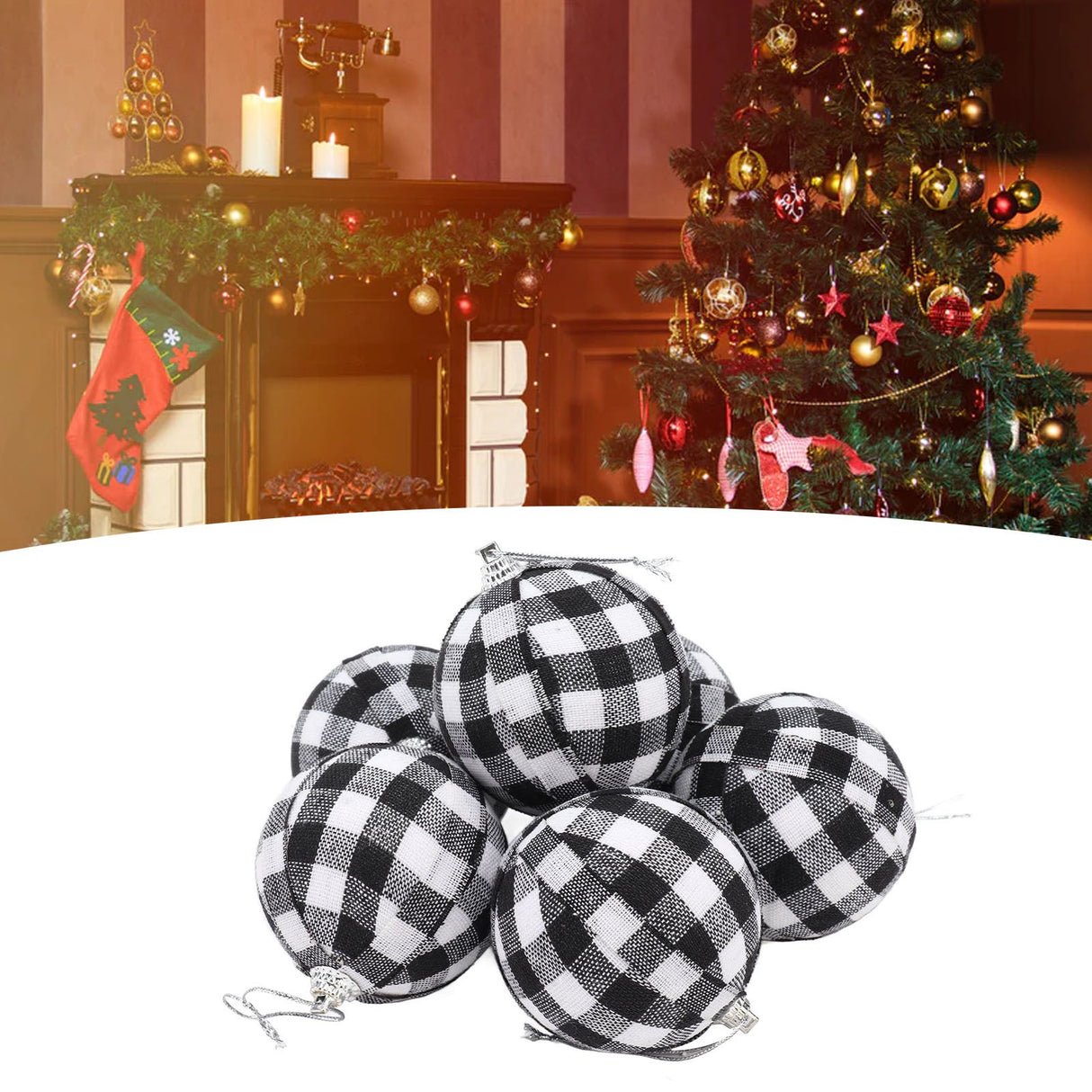 6Pcs 70mm 2.76 Inch Christmas Ornaments Balls Christmas Tree Decoration Balls New Year's Decor Black and White Check
