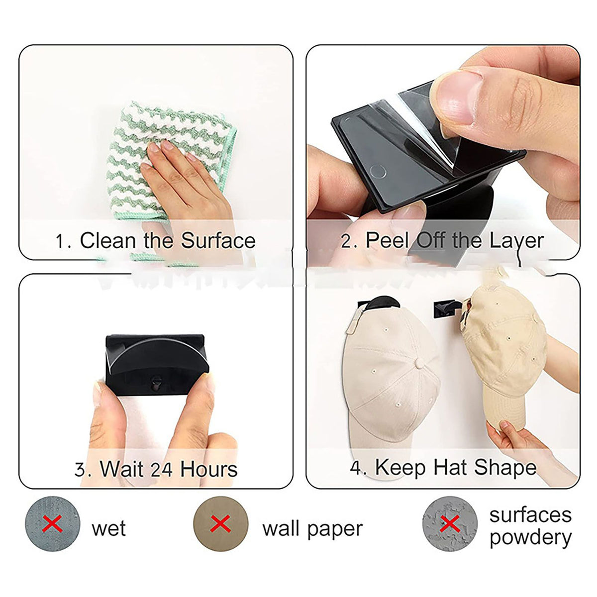 10PCS Adhesive Hat Hooks Modern Minimalist Strong Transparent Adhesive Hat Rack for Wall Black