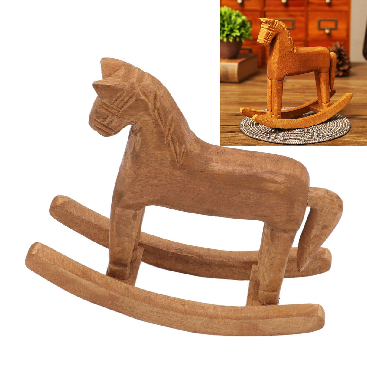 Wooden Rocking Horse Ancient Lucky Hand Carved Trojan Horse Table Decoration for Home Hall Office Bedroom