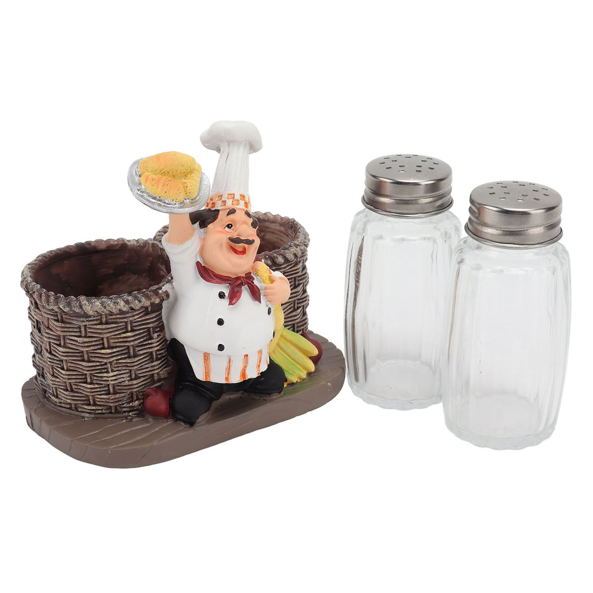 Chef Stature Holder Decorative Synthetic Resin Ingenious Vivid Chef Figurine Holder with 2 Glass Sauce Bottle