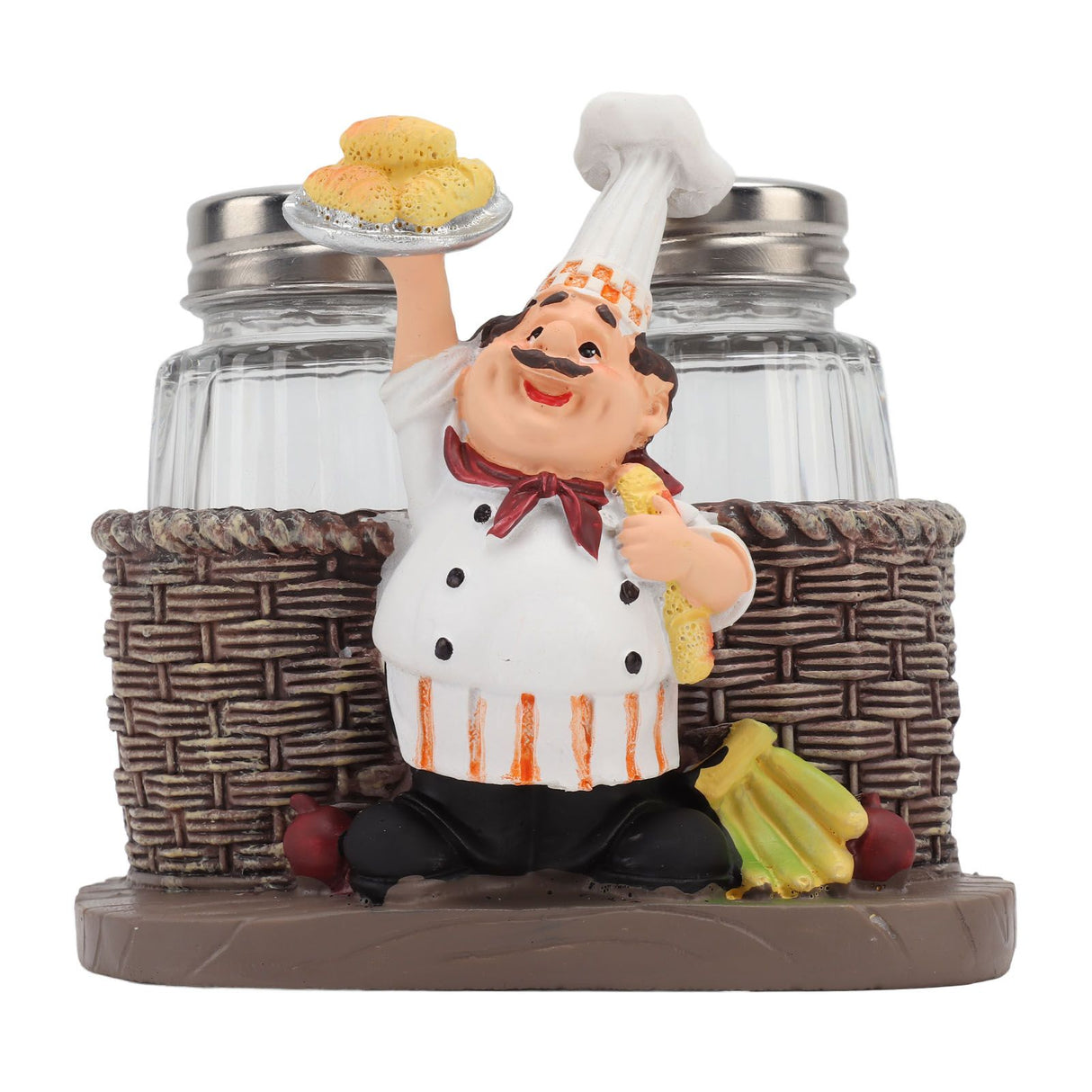Chef Stature Holder Decorative Synthetic Resin Ingenious Vivid Chef Figurine Holder with 2 Glass Sauce Bottle