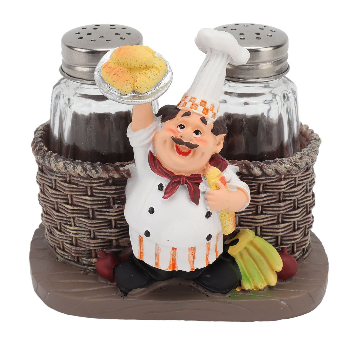 Chef Stature Holder Decorative Synthetic Resin Ingenious Vivid Chef Figurine Holder with 2 Glass Sauce Bottle