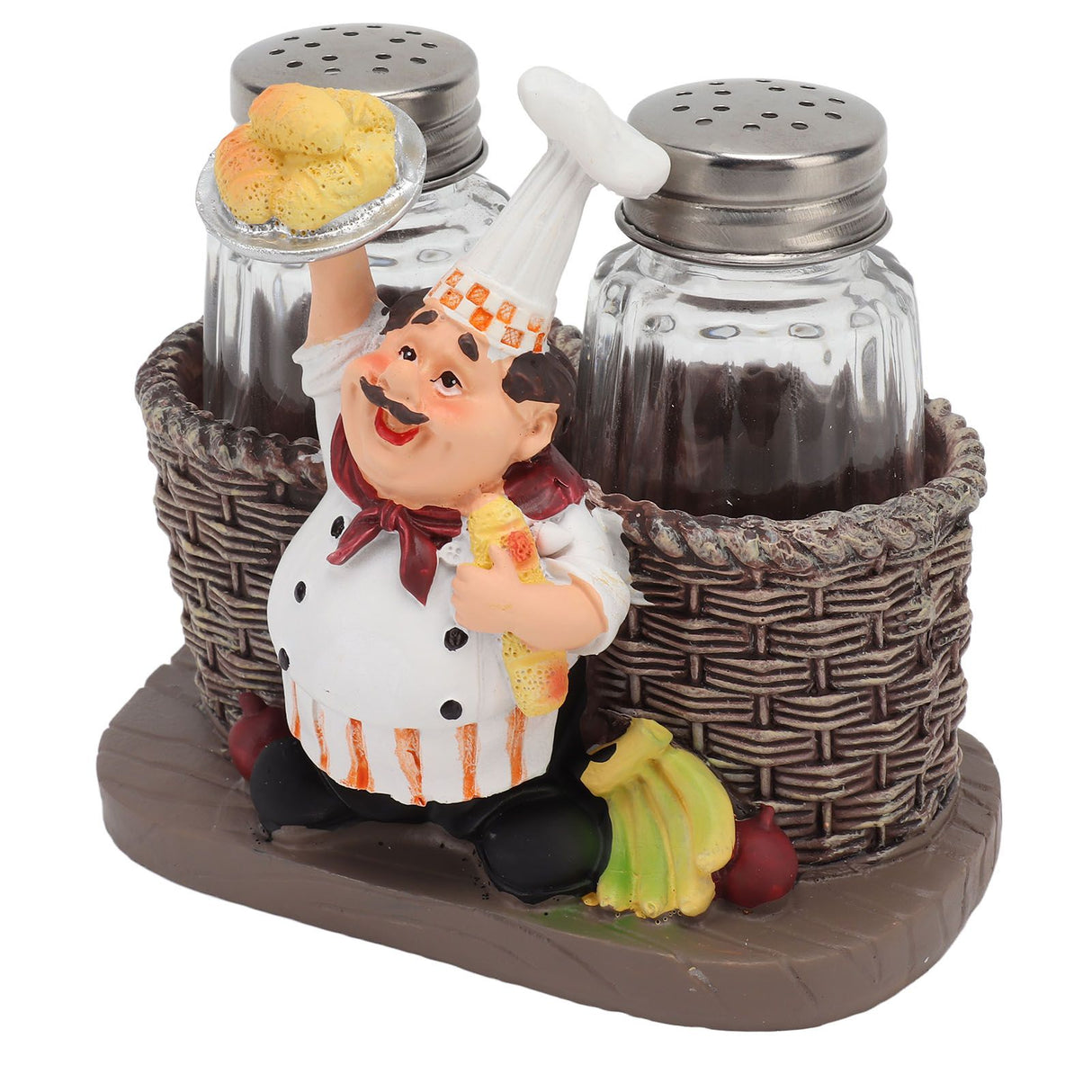 Chef Stature Holder Decorative Synthetic Resin Ingenious Vivid Chef Figurine Holder with 2 Glass Sauce Bottle
