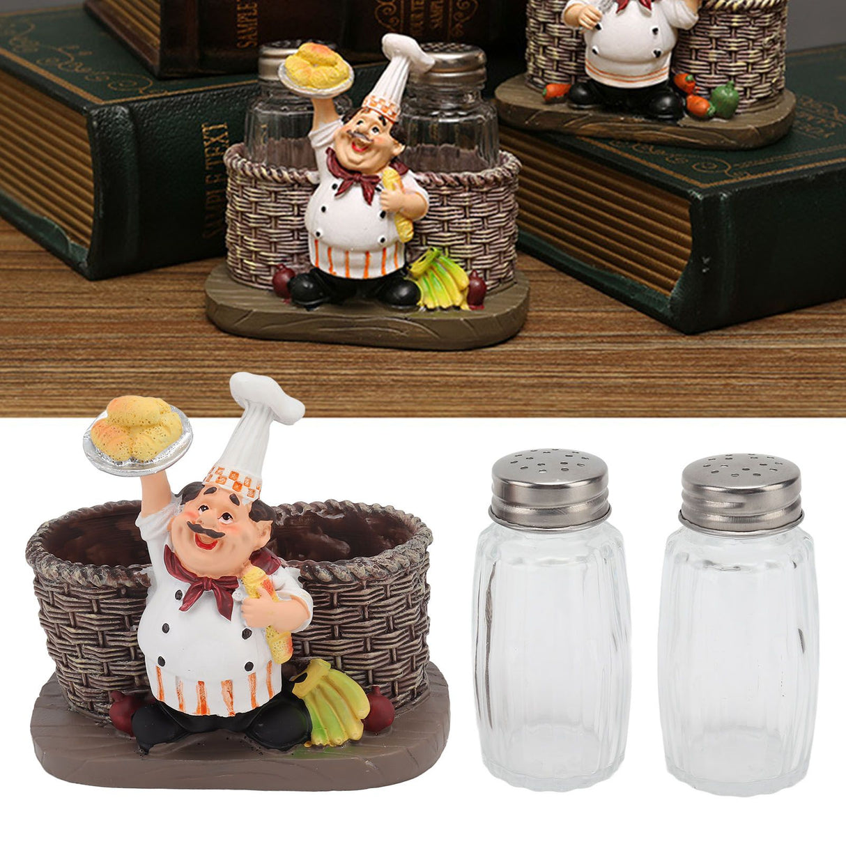 Chef Stature Holder Decorative Synthetic Resin Ingenious Vivid Chef Figurine Holder with 2 Glass Sauce Bottle