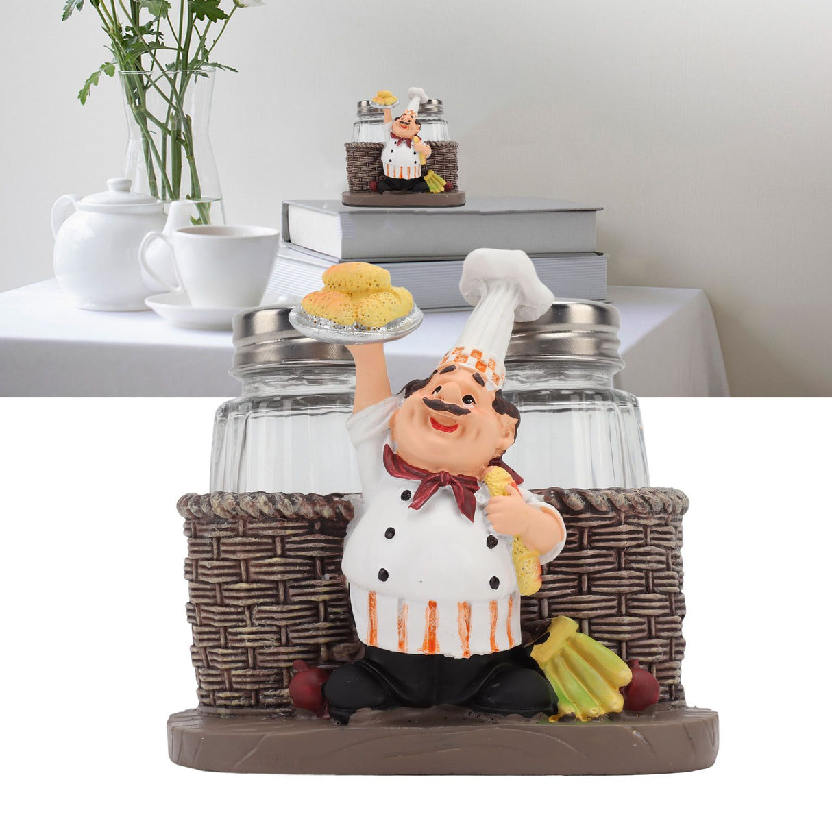 Chef Stature Holder Decorative Synthetic Resin Ingenious Vivid Chef Figurine Holder with 2 Glass Sauce Bottle