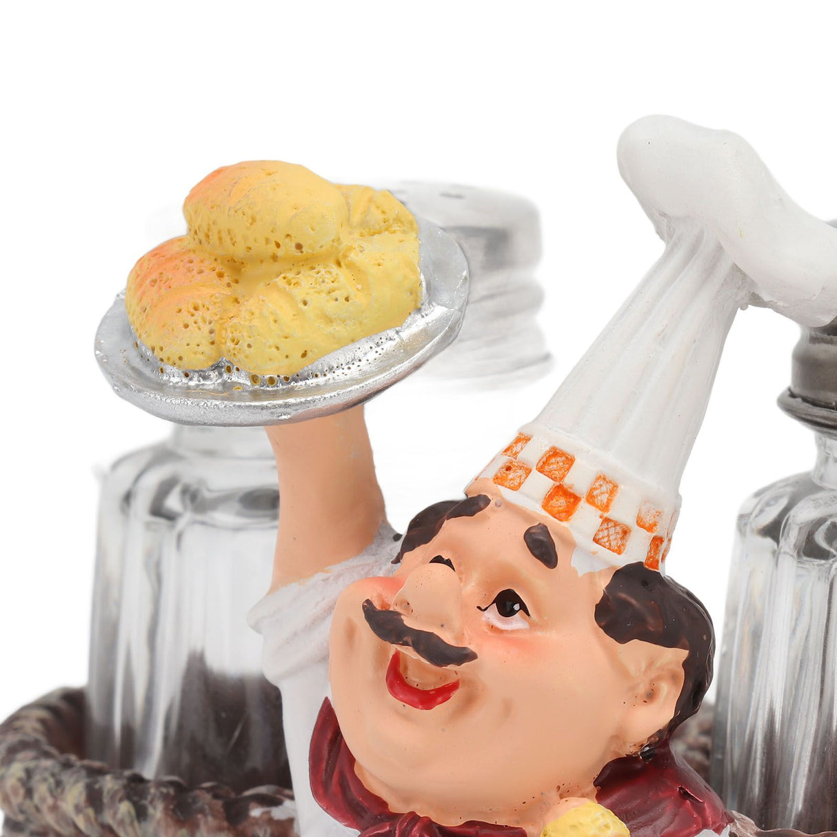 Chef Stature Holder Decorative Synthetic Resin Ingenious Vivid Chef Figurine Holder with 2 Glass Sauce Bottle