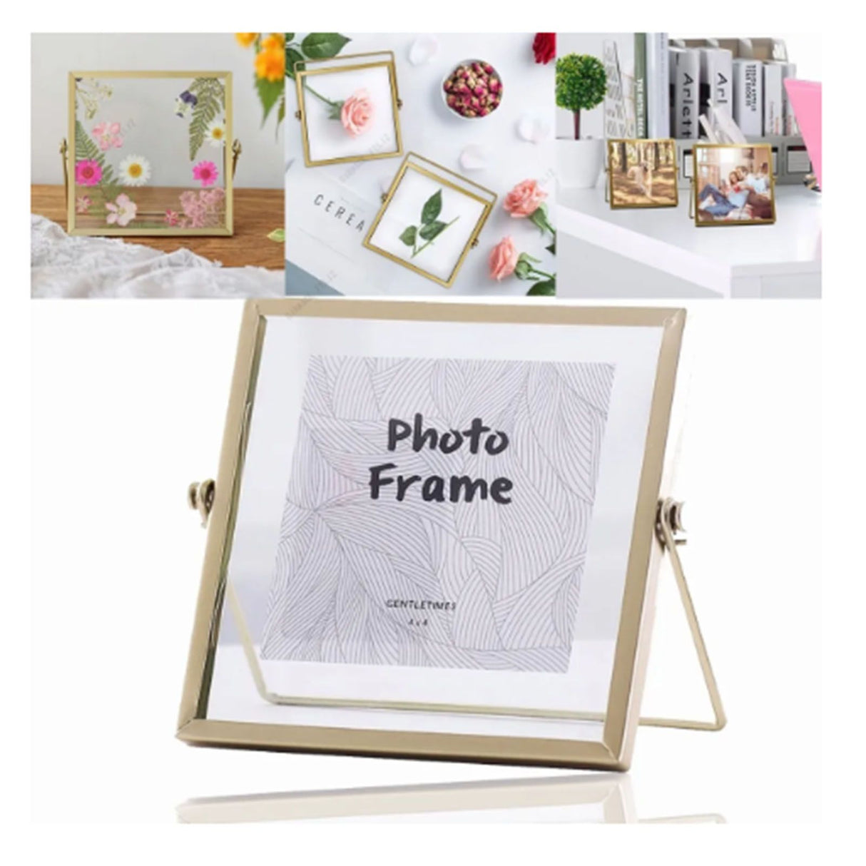Photo Frame Display Transparent Glass Iron Support Tabletop Dried Flower Frame for Home Decorations 4 Inches