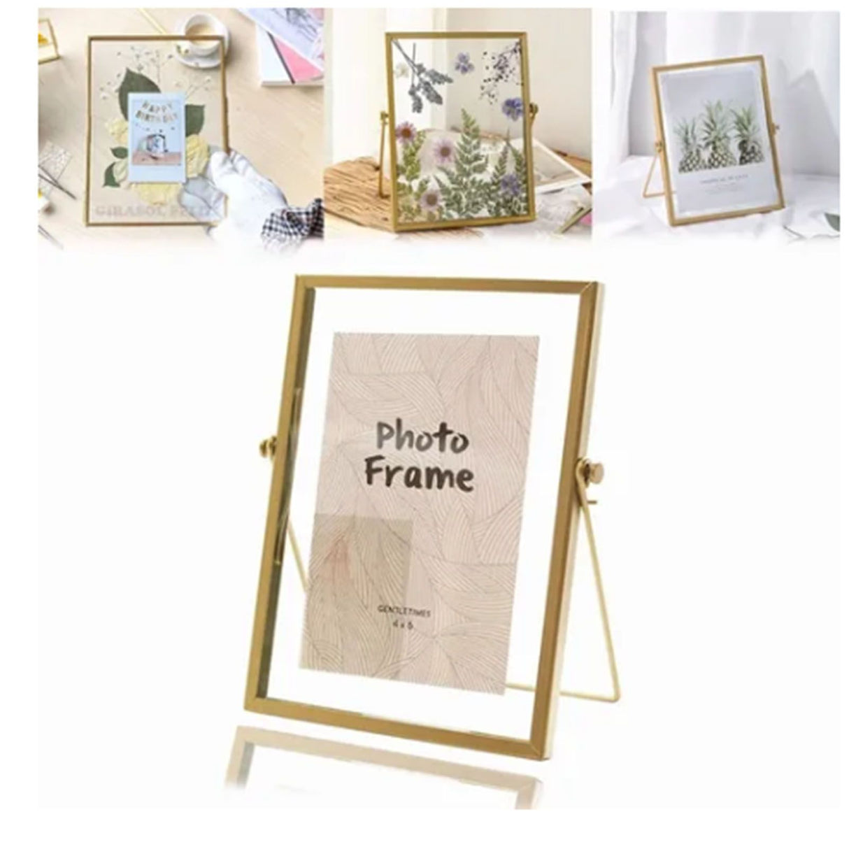 Photo Frame Display Transparent Glass Iron Support Tabletop Dried Flower Frame for Home Decorations 6 Inches