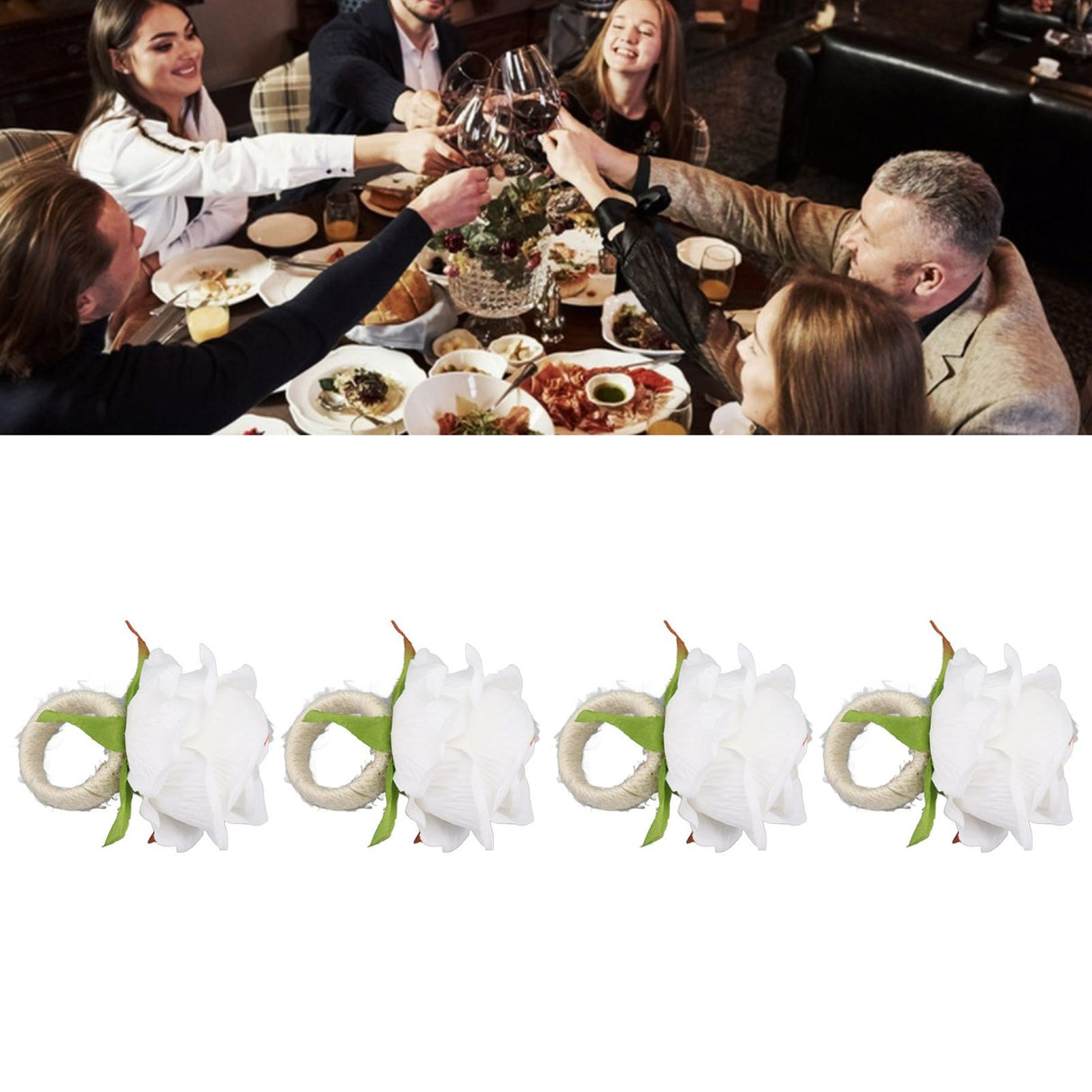 4PCS Rose Napkin Ring Simulated Plastic Reusable Vine Design Napkin Holder Ring for Restaurant White
