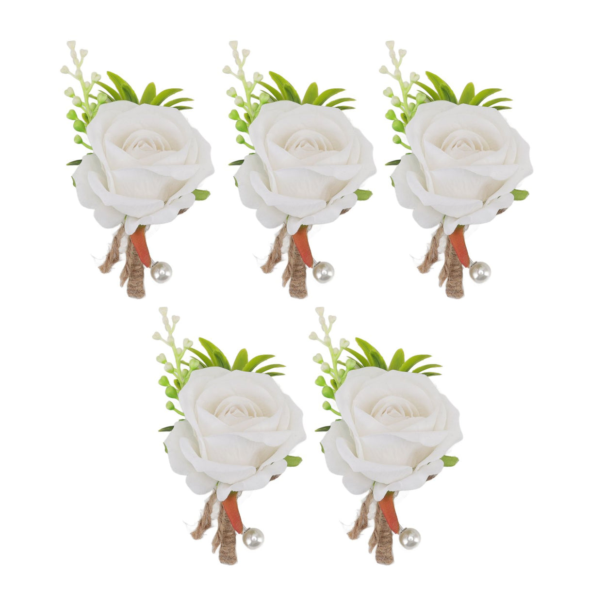 5PCS Wedding Boutonniere Pin Fixed Plastic Artificial Flower Corsage for Bride and Groom White