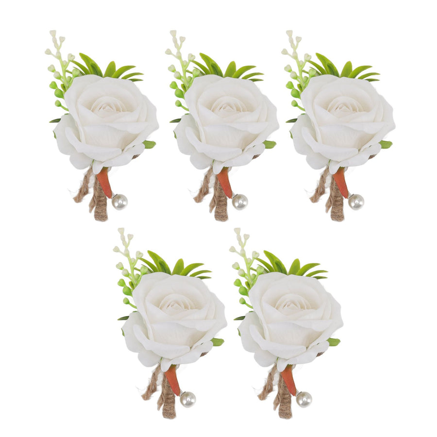 5PCS Wedding Boutonniere Pin Fixed Plastic Artificial Flower Corsage for Bride and Groom White