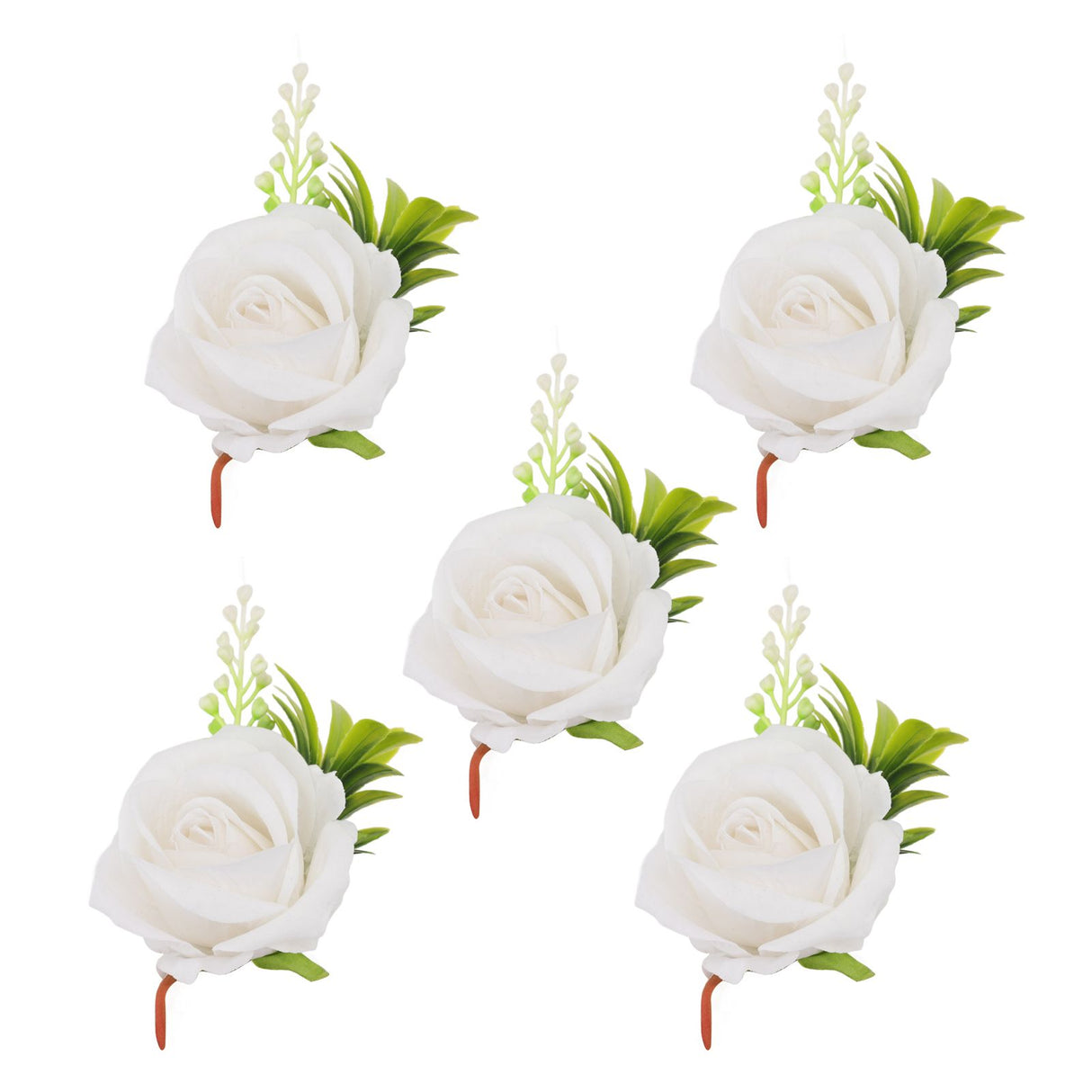 5PCS Wedding Boutonniere Pin Fixed Plastic Artificial Flower Corsage for Bride and Groom White