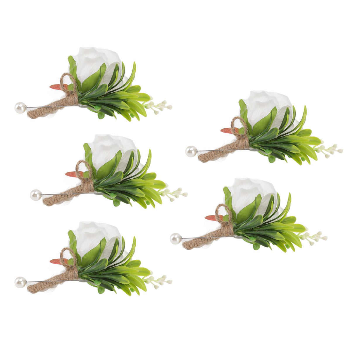 5PCS Wedding Boutonniere Pin Fixed Plastic Artificial Flower Corsage for Bride and Groom White
