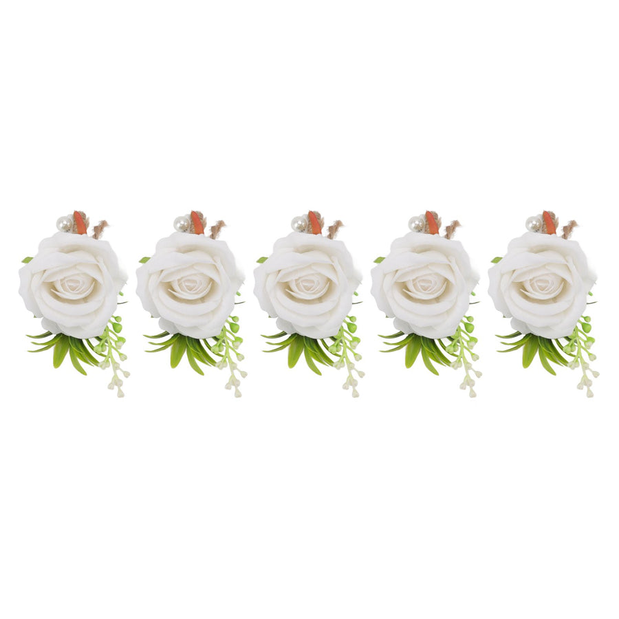 5PCS Wedding Boutonniere Pin Fixed Plastic Artificial Flower Corsage for Bride and Groom White