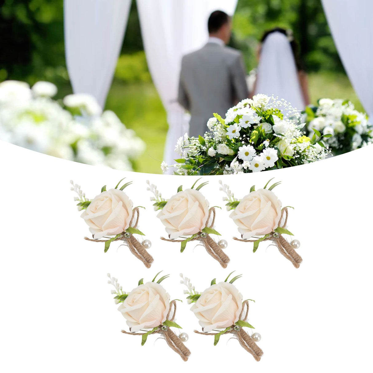 5PCS Wedding Boutonniere Pin Fixed Plastic Artificial Flower Corsage for Bride and Groom Champagne